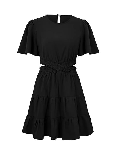 A-Line Flared Sleeves Elasticity Hollow Pleated Solid Color Split-Joint Round-Neck Mini Dresses