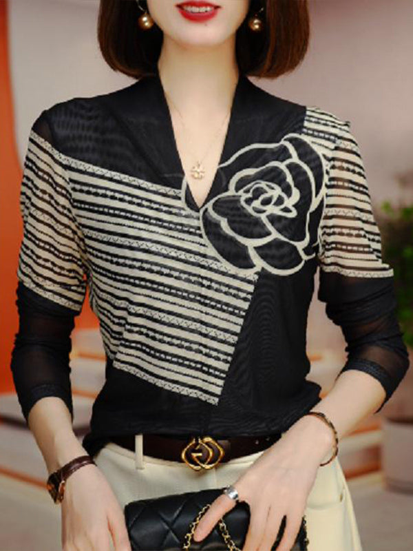 Long Sleeves Loose Flower Print V-Neck Blouses&Shirts Tops