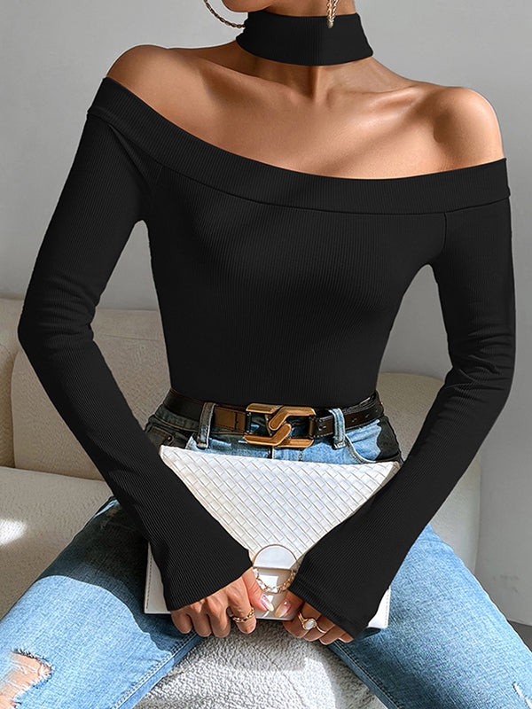 Long Sleeves Skinny Solid Color Off-The-Shoulder T-Shirts Tops