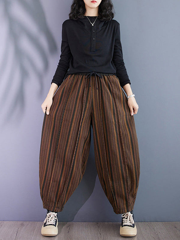 Harem Pants High Waisted Drawstring Elasticity Split-Joint Striped Pants Trousers