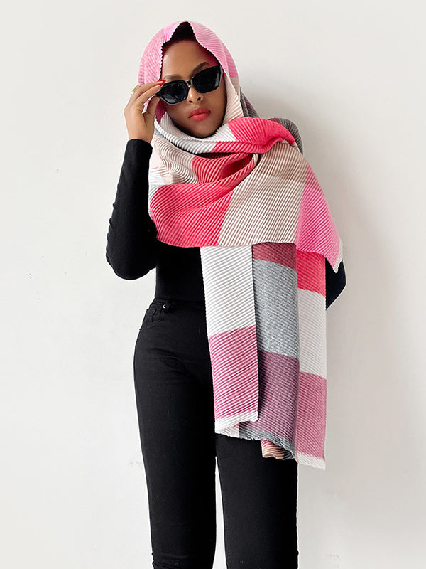 Contrast Color Pleated Striped Scarf