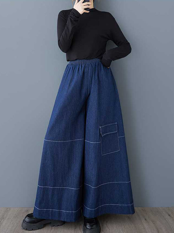 High Waisted Loose Elasticity Pockets Culotte Jean Pants Bottoms