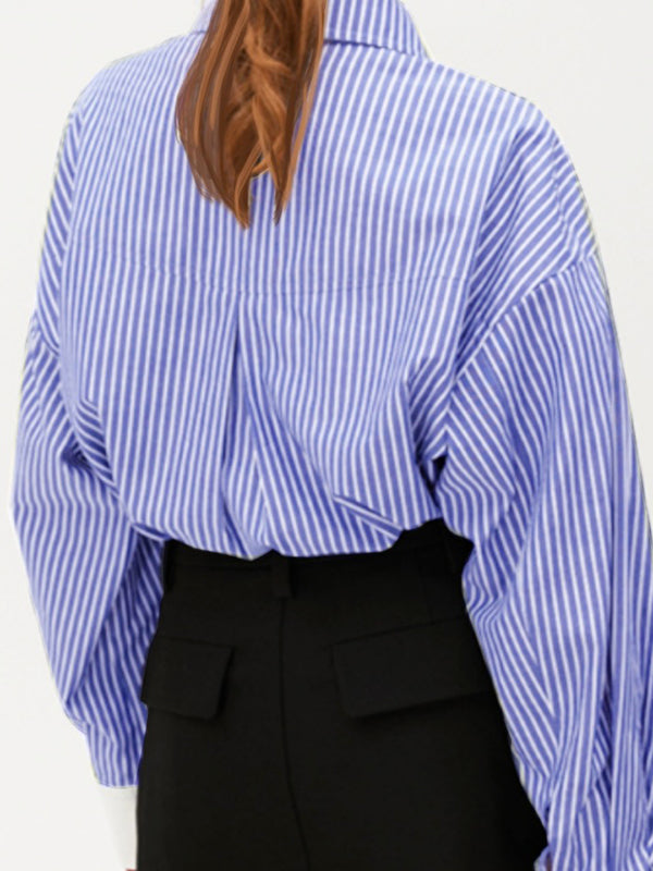 Long Sleeves Loose Buttoned Split-Joint Striped Lapel Blouses&Shirts Tops