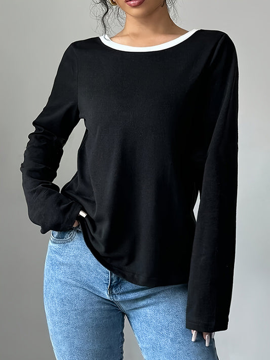 Long Sleeves Loose Bowknot Hollow Split-Back Split-Joint Round-Neck T-Shirts