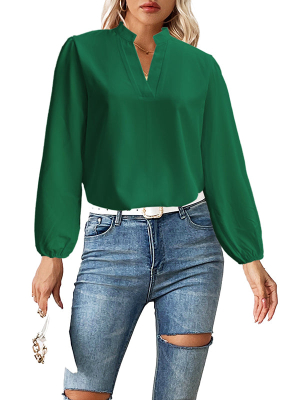 Long Sleeves Loose Elasticity Solid Color Stand Collar Blouses&Shirts Tops