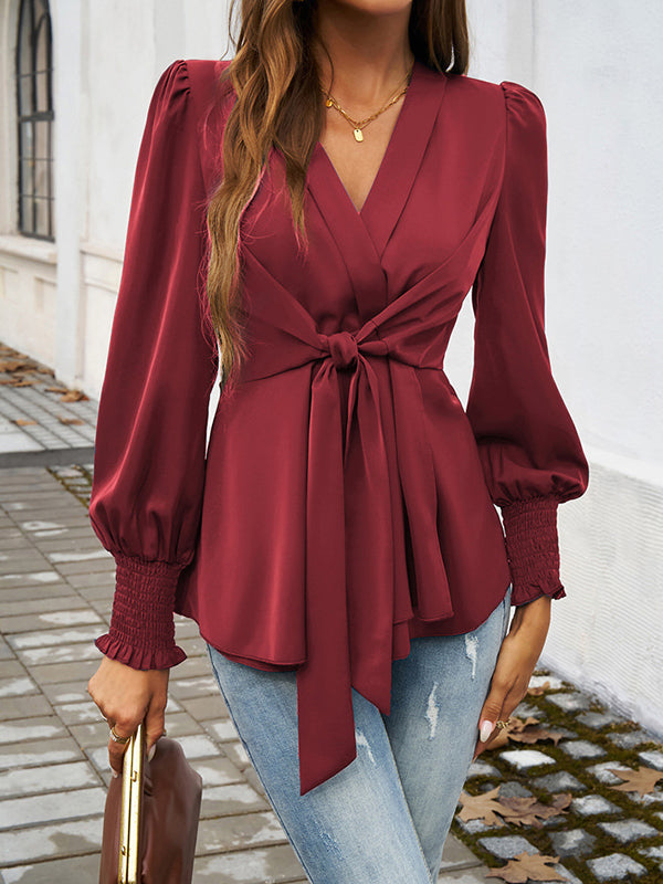 Long Sleeves Loose Elasticity Knot Solid Color V-Neck Blouses&Shirts Tops