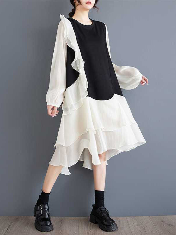 High-Low Long Sleeves Contrast Color Ruffle Trim Split-Joint Round-Neck Midi Dresses