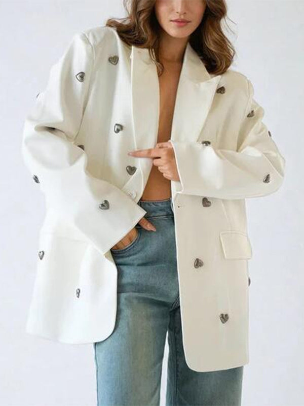 Long Sleeves Loose Buttoned Shoulder Pad Solid Color Split-Joint Notched Collar Blazer Outerwear