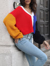 Long Sleeves Loose Contrast Color Split-Joint V-Neck Cardigan Tops