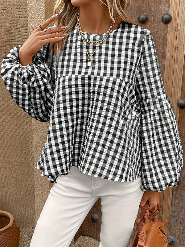 Loose Puff Sleeves Elasticity Hollow Plaid Split-Joint Round-Neck Blouses&Shirts Tops