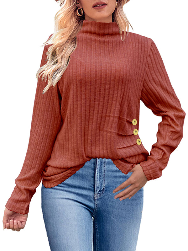 Long Sleeves Loose Buttoned Pleated Solid Color High Neck T-Shirts Tops