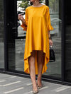 Flared Sleeves Half Sleeves Hollow Solid Color Split-Joint Round-Neck Midi Dresses