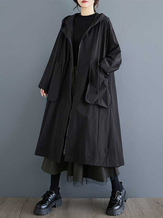 Hooded Long Sleeves Drawstring Pockets Solid Color Split-Joint Zipper Outerwear Trench Coats