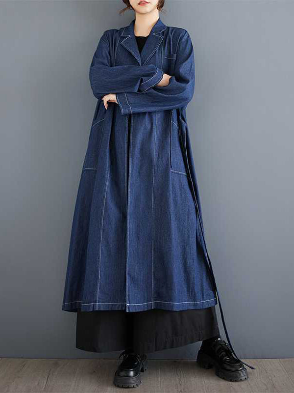 Long Sleeves Loose Buckle Pockets Solid Color Split-Joint Notched Collar Outerwear Trench Coats