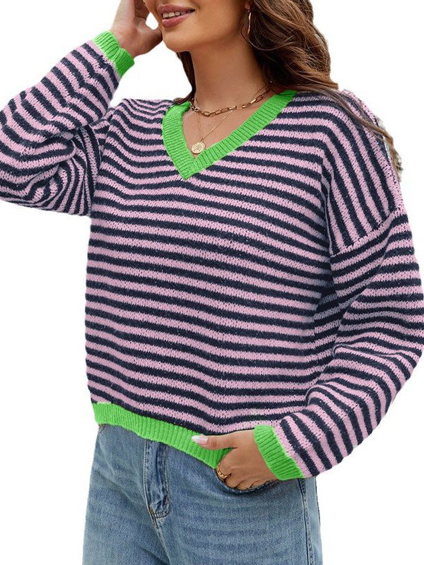 Long Sleeves Loose Contrast Color Jacquard Striped V-Neck Pullovers Sweater Tops