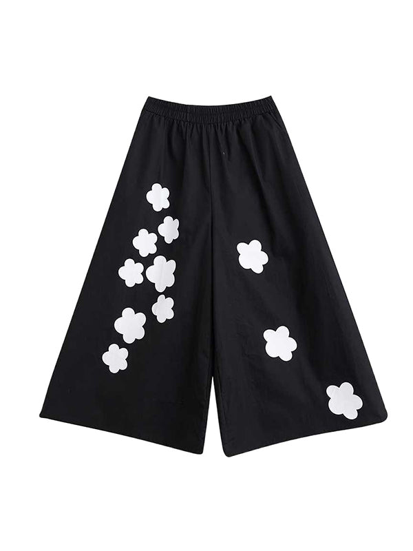 Loose Ninth Pants Elasticity Flower Print Pockets Pants Trousers