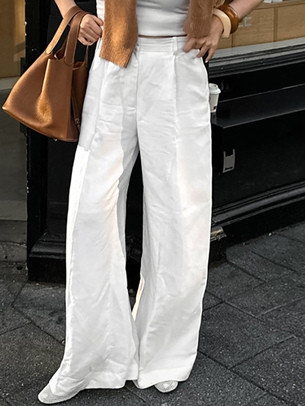 High Waisted Loose Buttoned Pockets Solid Color Suit Pants Trousers