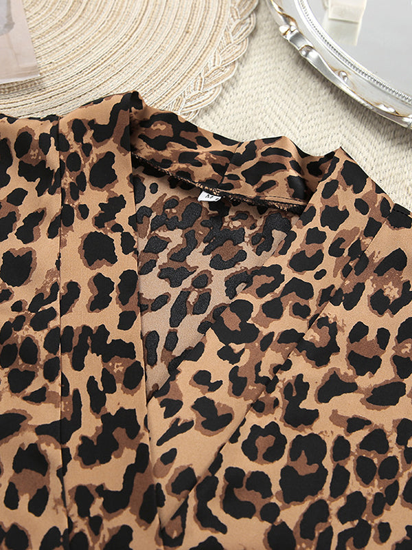 A-Line High Waisted Leopard Split-Joint Tied Waist Deep V-Neck Maxi Dresses