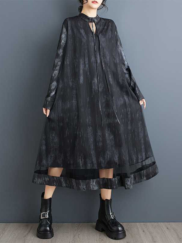 A-Line Long Sleeves Hollow Printed Tied Round-Neck Midi Dresses