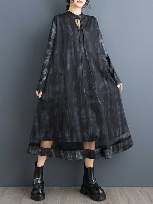 A-Line Long Sleeves Hollow Printed Tied Round-Neck Midi Dresses