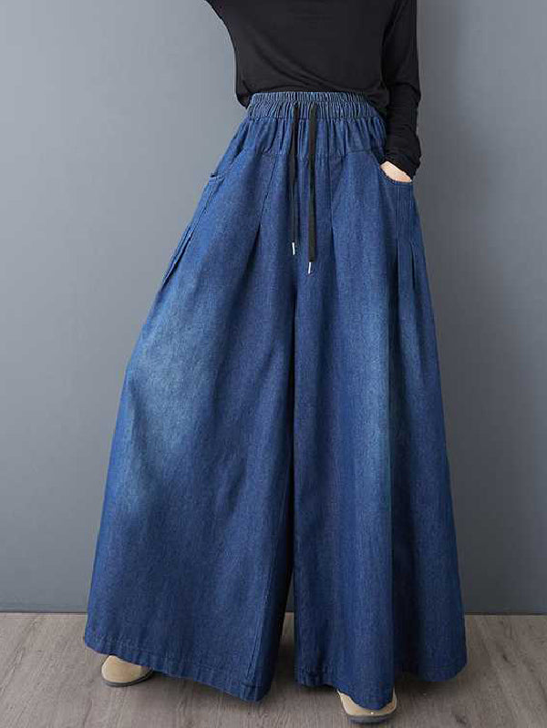 High Waisted Loose Drawstring Elasticity Pleated Pockets Jean Pants Bottoms