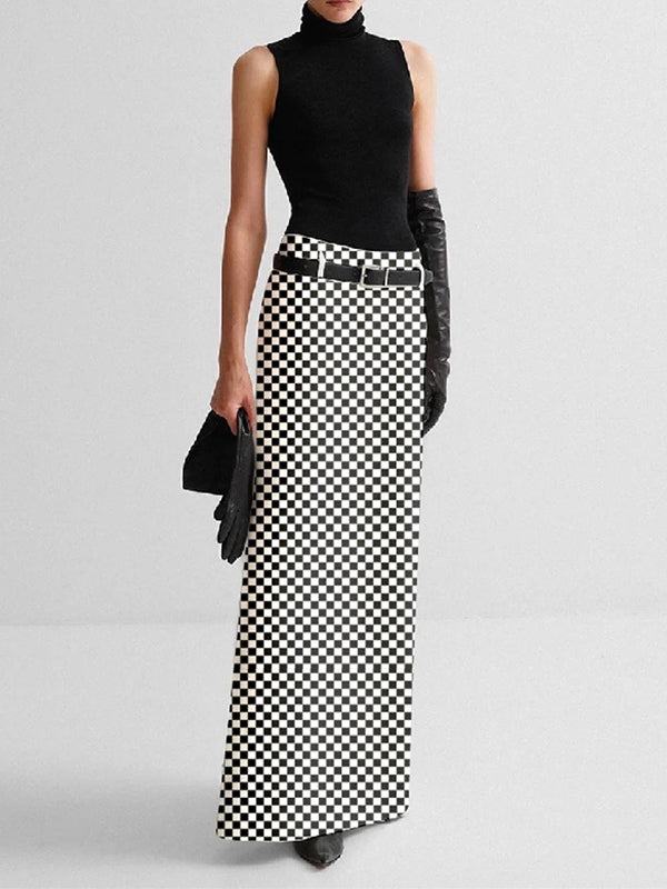 H-Line No Belt Plaid Printed Split-Back Skirts Bottoms