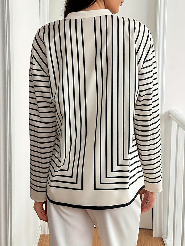 Long Sleeves Loose Buttoned Striped Round-Neck Blouses&Shirts Tops