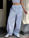 High Waisted Loose Elasticity Split-Joint Striped Pants Trousers