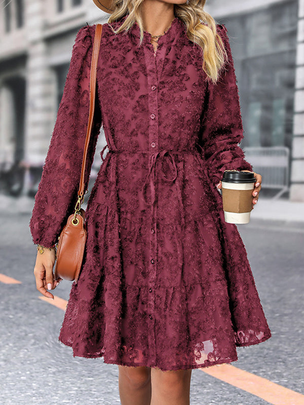 A-Line Long Sleeves Buttoned Elasticity Jacquard Pleated Solid Color Tied Waist Stand Collar Mini Dresses