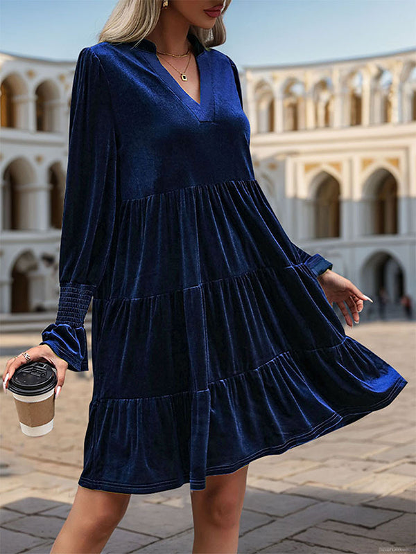 A-Line Long Sleeves Pleated Solid Color Velvet V-Neck Mini Dresses