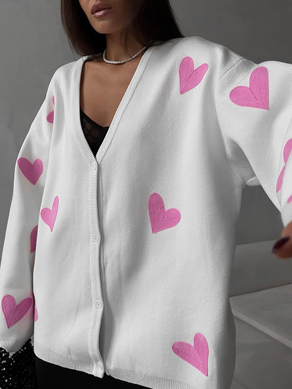 Long Sleeves Loose Heart Print Split-Joint V-Neck Cardigan Tops