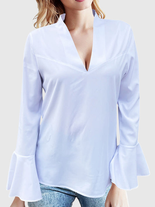 Flared Sleeves Long Sleeves Rhine Stones Solid Color V-Neck Blouses&Shirts Tops