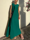 Loose Sleeveless Asymmetric Contrast Color Split-Side Tied Round-Neck Maxi Dresses