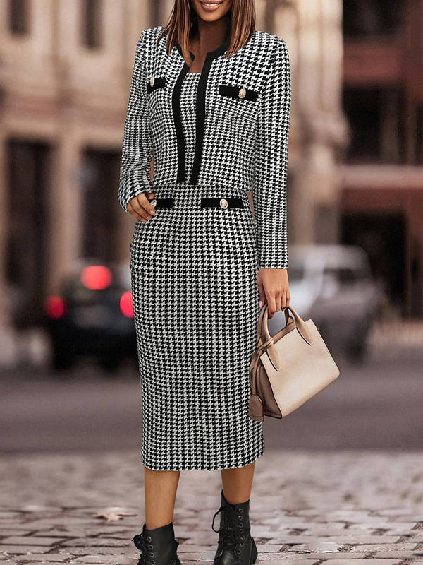 Long Sleeves Buttoned Plaid Round-Neck Outerwear + Midi Dresses Two Pieces Set