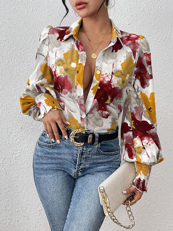 Long Sleeves Loose Buttoned Elasticity Flower Print Pleated Lapel Blouses&Shirts Tops