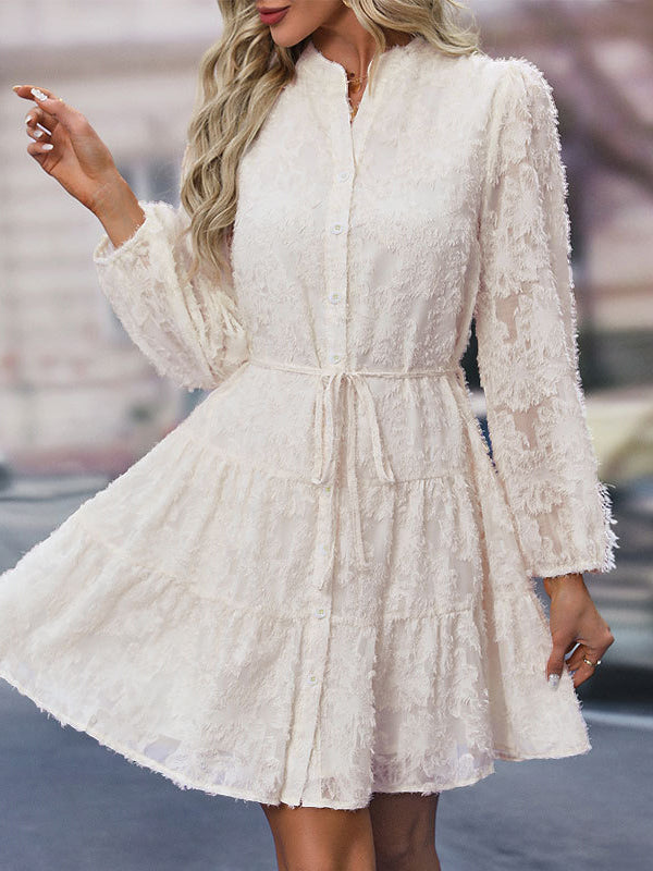 A-Line Long Sleeves Buttoned Elasticity Jacquard Pleated Solid Color Tied Waist Stand Collar Mini Dresses