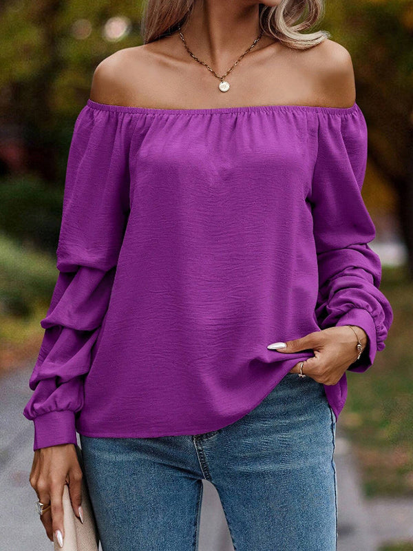 Long Sleeves Loose Elasticity Pleated Solid Color Off-The-Shoulder Blouses&Shirts Tops