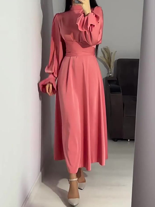 A-Line Long Sleeves Pleated Solid Color Tied Waist Zipper Mock Neck Maxi Dresses