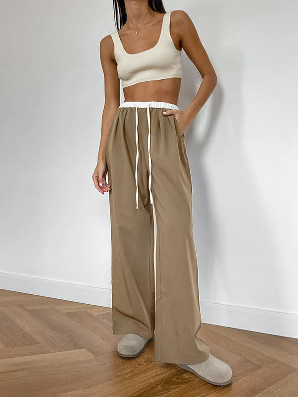 High Waisted Loose Contrast Color Drawstring Pockets Pants Trousers