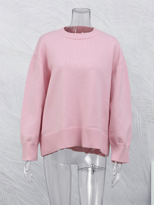 Long Sleeves Loose Solid Color Split-Joint Round-Neck Sweater Tops