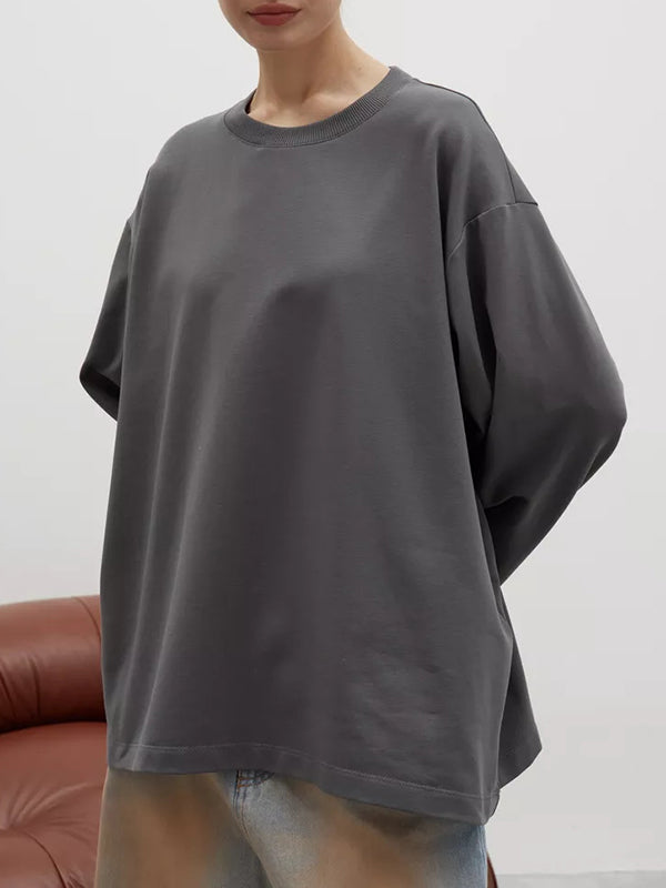 Long Sleeves Loose Solid Color Round-Neck T-Shirts Tops