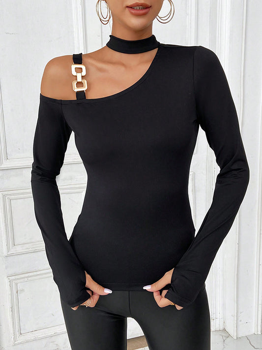 Long Sleeves Skinny Asymmetric Hollow Solid Color One-Shoulder T-Shirts Tops