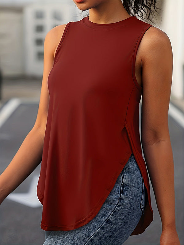 Loose Sleeveless Solid Color Split-Side Round-Neck Cover-Ups Tops Vest Top