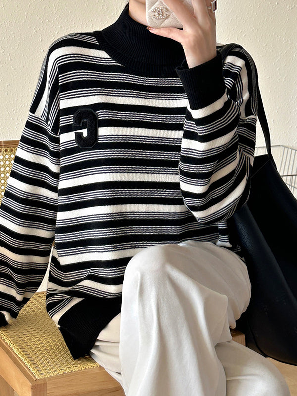 Long Sleeves Loose Contrast Color Split-Joint Striped High Neck Pullovers Sweater Tops