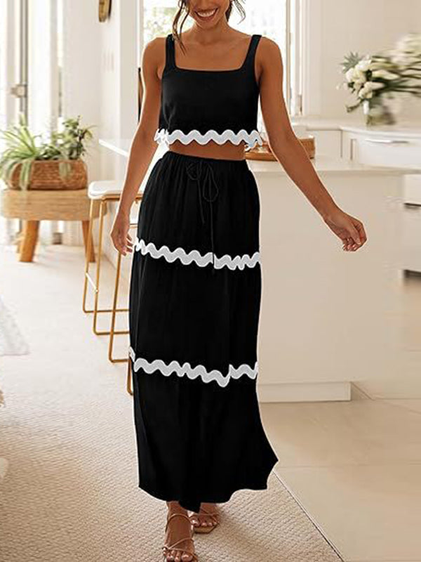 Sleeveless Striped Square-Neck Vest Top + A-Line High Waisted Drawstring Elasticity Pockets Skirts Bottom Two Pieces Set