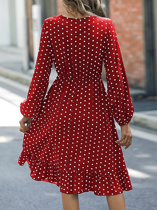 Long Sleeves Loose Elasticity Pleated Polka-Dot Split-Joint V-Neck Midi Dresses