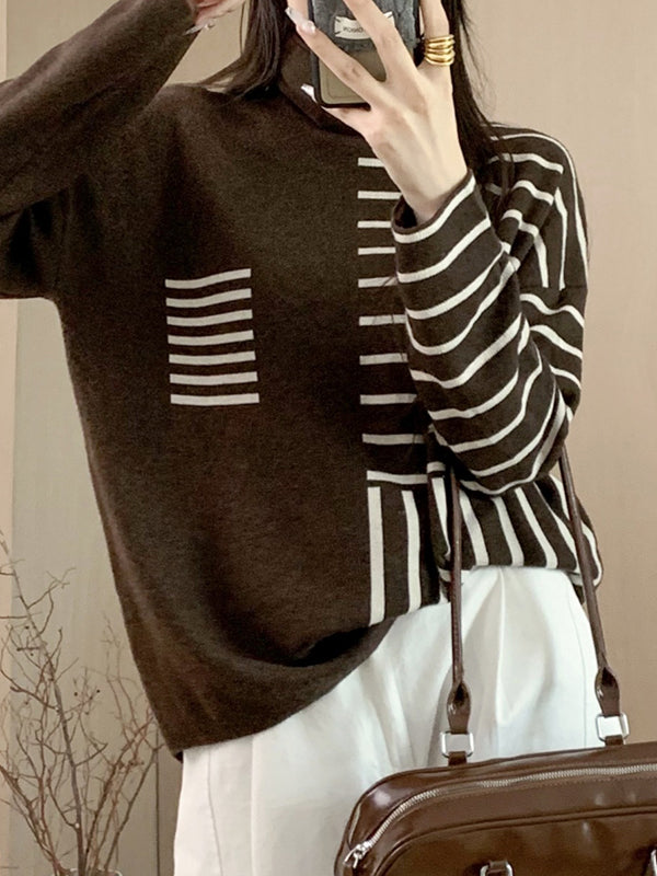 Long Sleeves Loose Contrast Color Striped High Neck Pullovers Sweater Tops