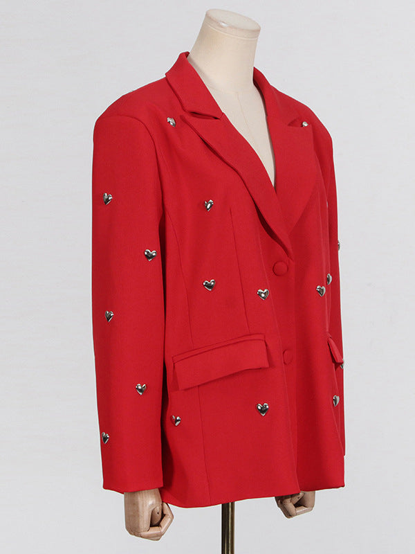 Long Sleeves Loose Buttoned Shoulder Pad Solid Color Split-Joint Notched Collar Blazer Outerwear