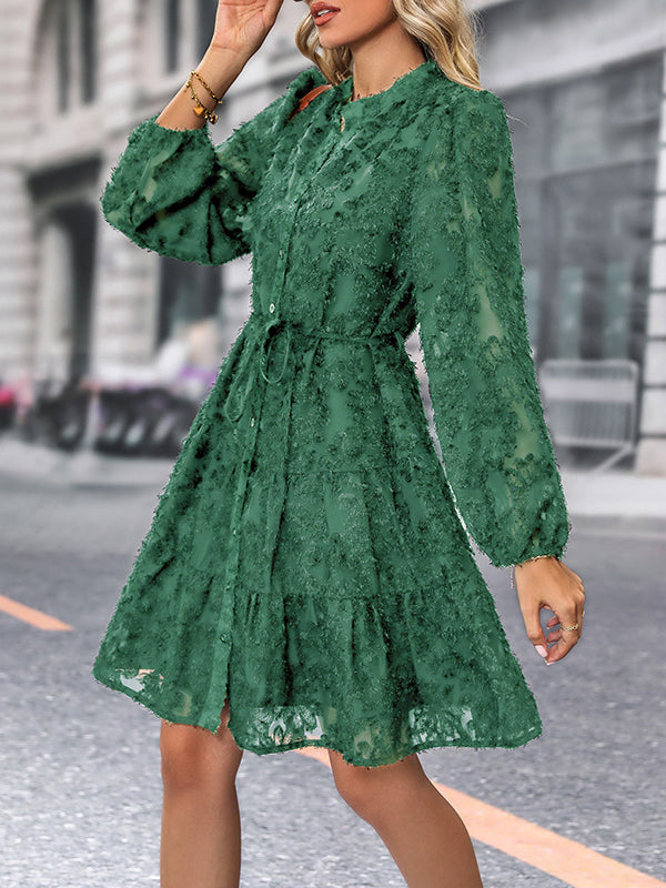 A-Line Long Sleeves Buttoned Elasticity Jacquard Pleated Solid Color Tied Waist Stand Collar Mini Dresses