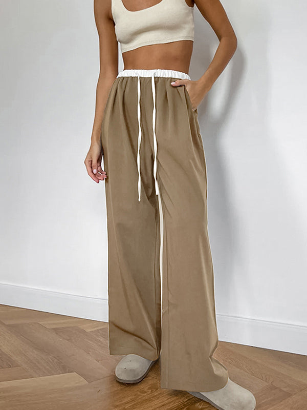 High Waisted Loose Contrast Color Drawstring Pockets Pants Trousers